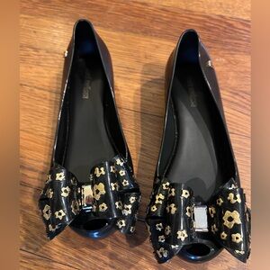 Mini Melissa Black Flats with Black and Gold Glamorous Bow